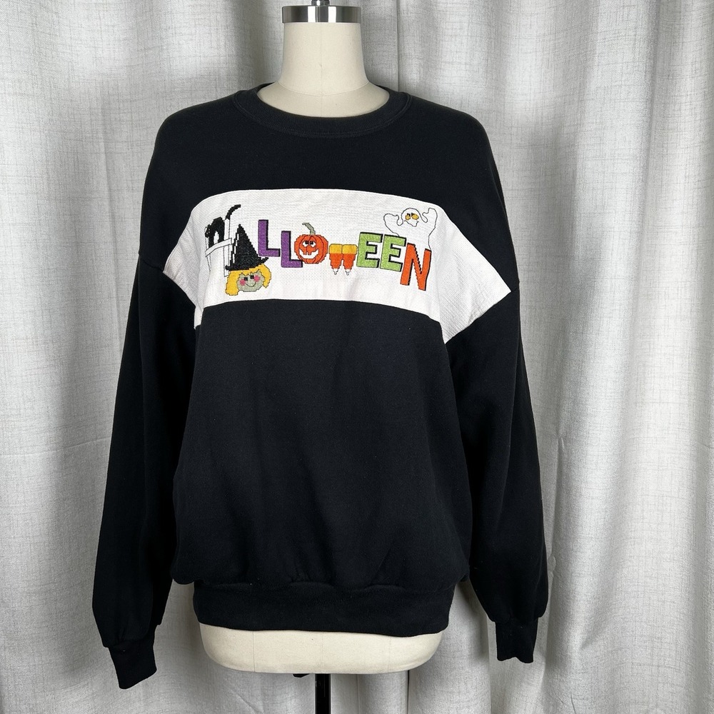Vintage‎ Halloween Jerzees Needlepoint Black Crew Neck XL Sweatshirt Cat USA